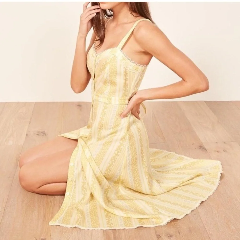 Reformation Midi Length Sandalwood Clara Yellow Floral Dress Lace Trim Sz 6 - Picture 4 of 11